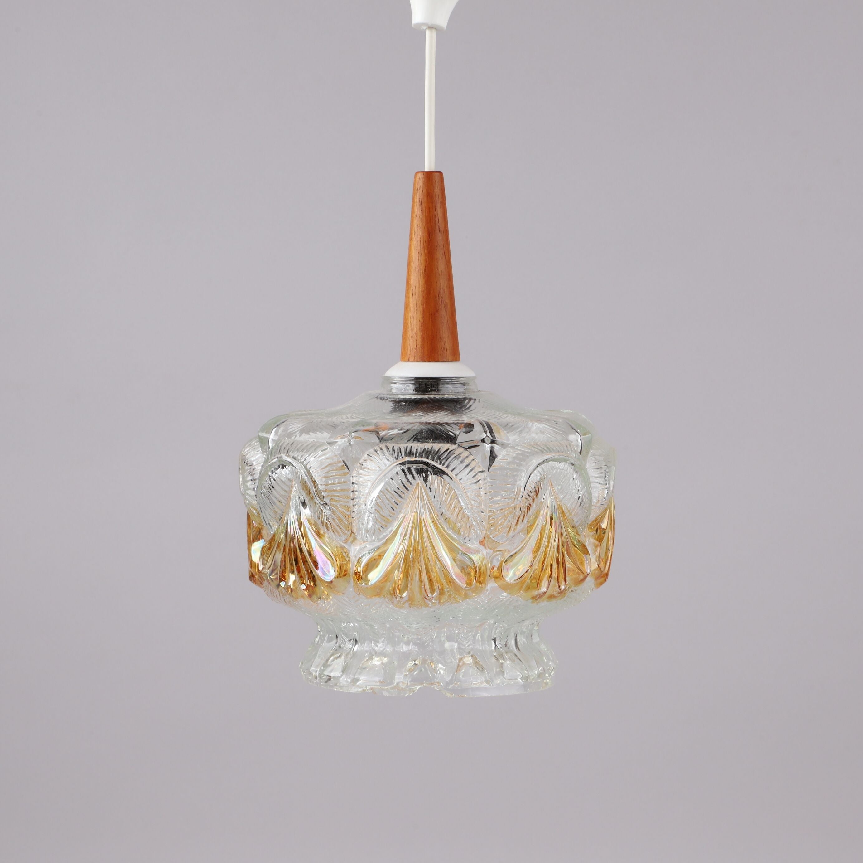 1960s Swedish Mid-Century Modern Pressed Glass & Teak Pendant/Window Lamp