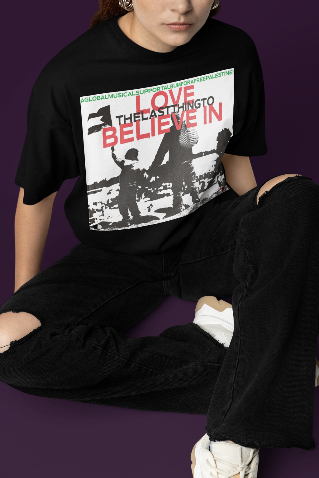 ''Love The Last Thing To Believe In - A Support Tee For A Free Palestine'' designed by Johan Fotmeijer (Black Unisex T-Shirt)