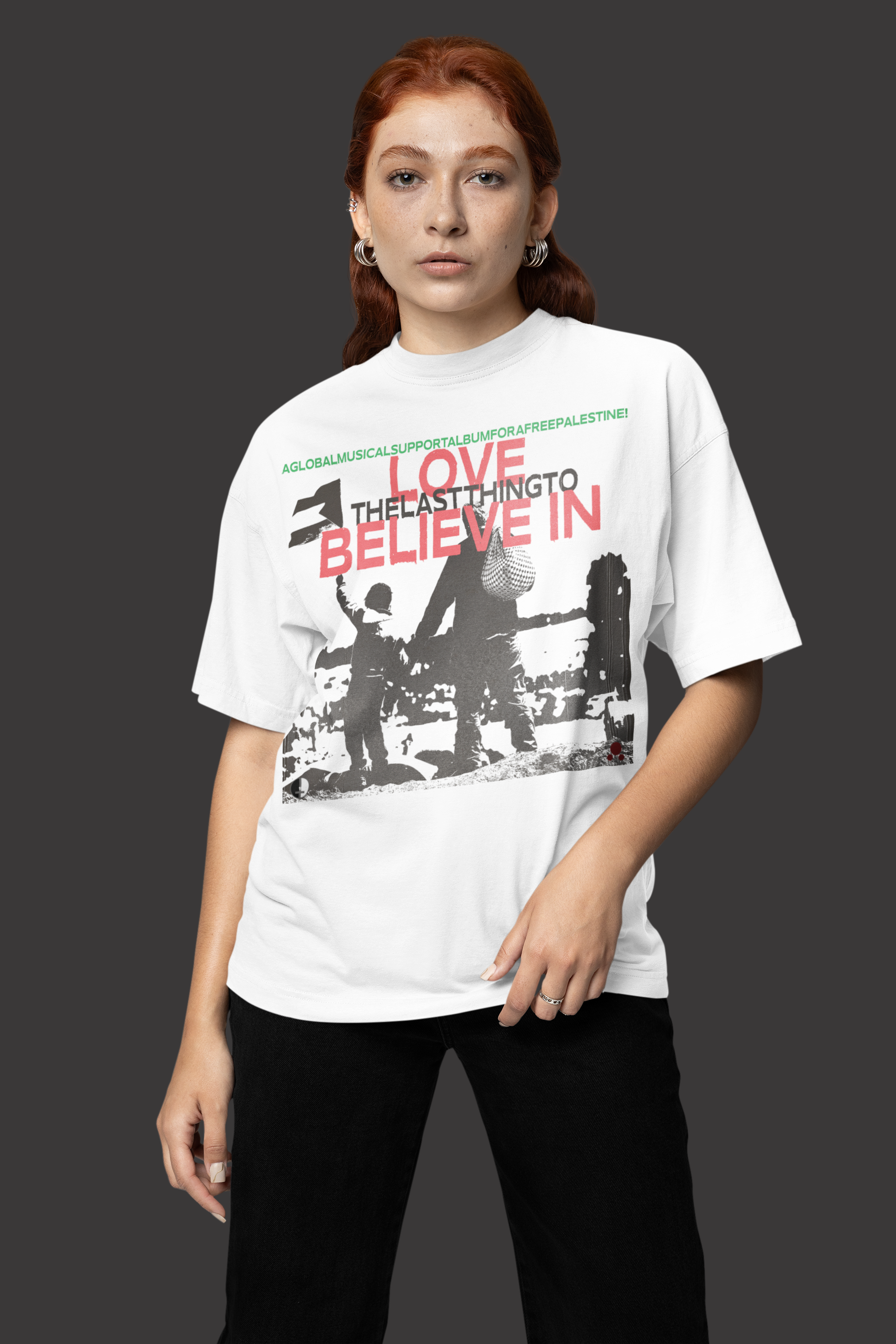 ''Love The Last Thing To Believe In - A Support Tee For A Free Palestine'' designed by Johan Fotmeijer (Organic White Oversized Unisex T-Shirt)